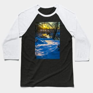 Snow falling on a river with snowy banks Baseball T-Shirt